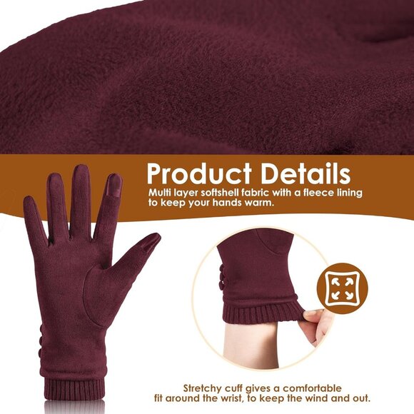Women's Touch Screen Texting Fleece Lined Windproof Winter Warm Dark Red Gloves - Picture 4 of 7